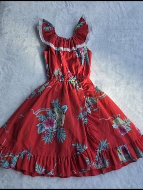 Vintage Nikky Hawaiian Red Tropical Floral Summer Ruffle Red Dress Girls Size 7